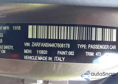 2019 Alfa Romeo Giulia Ti Sport Awd z USA, uszkodzony, nr VIN ZARFANBN4K7608178